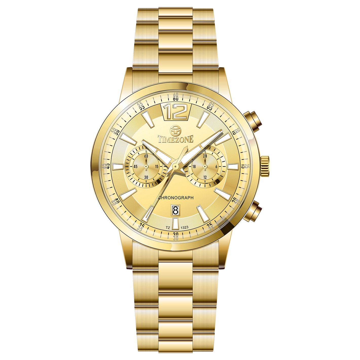 Branded wrist watch for men in pakistan. A gold-colored stainless steel watch with a chronograph function and a band material of the same material.