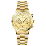 Branded wrist watch for men in pakistan. A gold-colored stainless steel watch with a chronograph function and a band material of the same material.