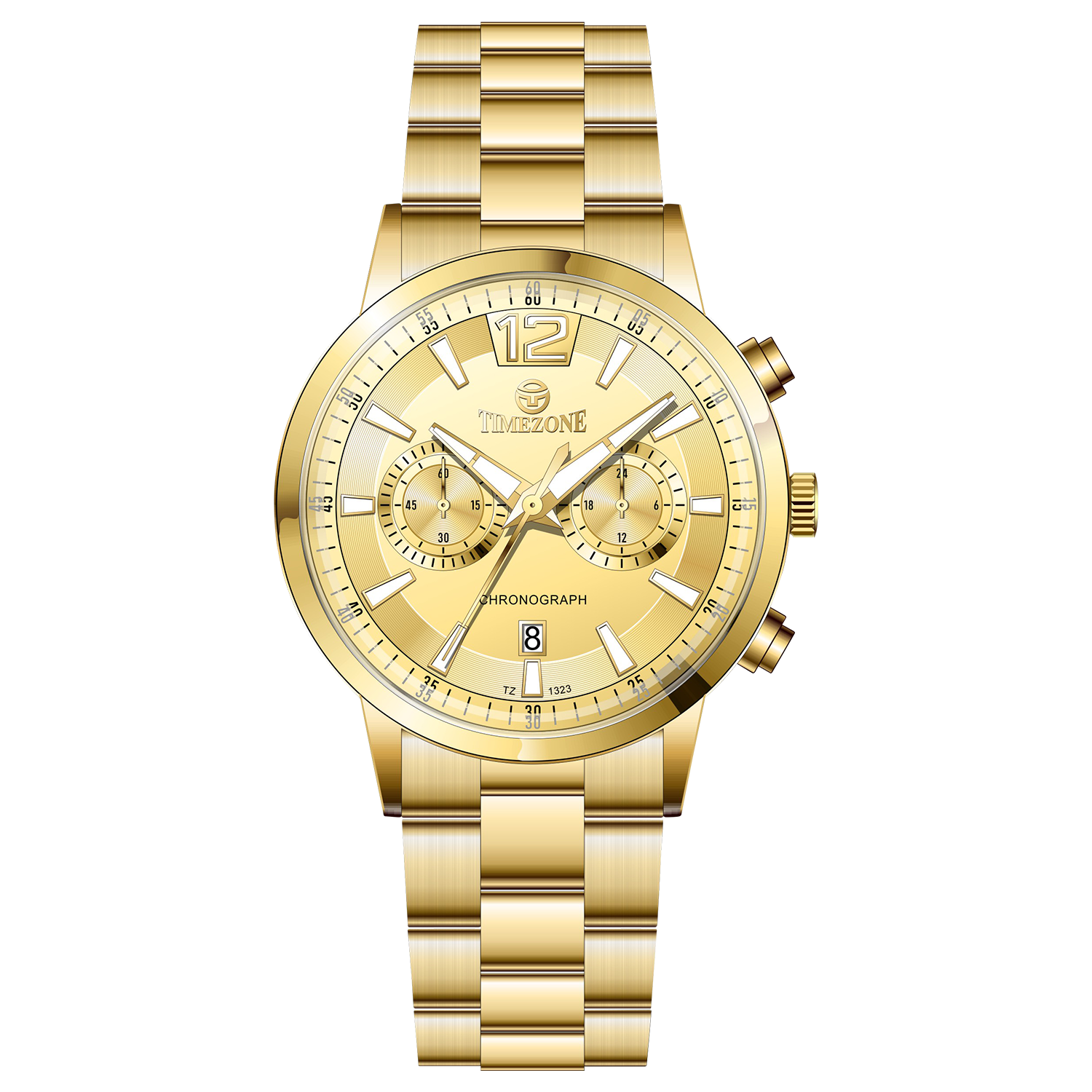 Branded wrist watch for men in pakistan. A gold-colored stainless steel watch with a chronograph function and a band material of the same material.