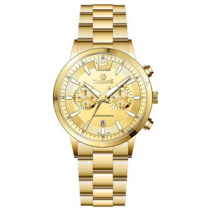 Branded wrist watch for men in pakistan. A gold-colored stainless steel watch with a chronograph function and a band material of the same material.