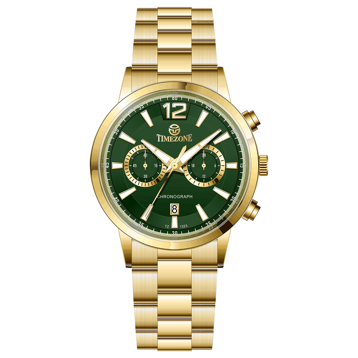 Branded wrist watch for men in pakistan. A gold-colored stainless steel watch with a chronograph function and a band material of the same material.