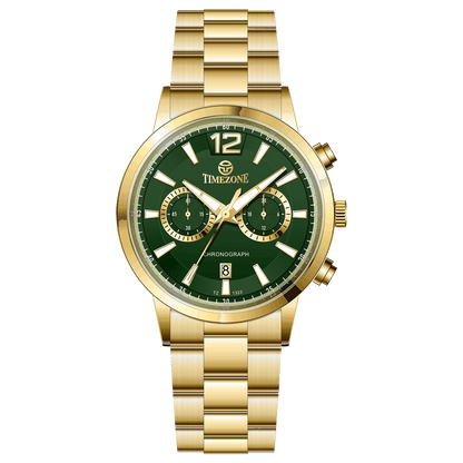 Branded wrist watch for men in pakistan. A gold-colored stainless steel watch with a chronograph function and a band material of the same material.