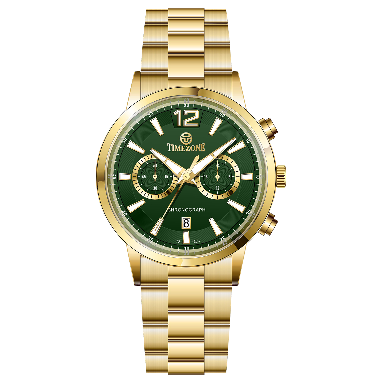 Branded wrist watch for men in pakistan. A gold-colored stainless steel watch with a chronograph function and a band material of the same material.