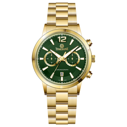 Branded wrist watch for men in pakistan. A gold-colored stainless steel watch with a chronograph function and a band material of the same material.