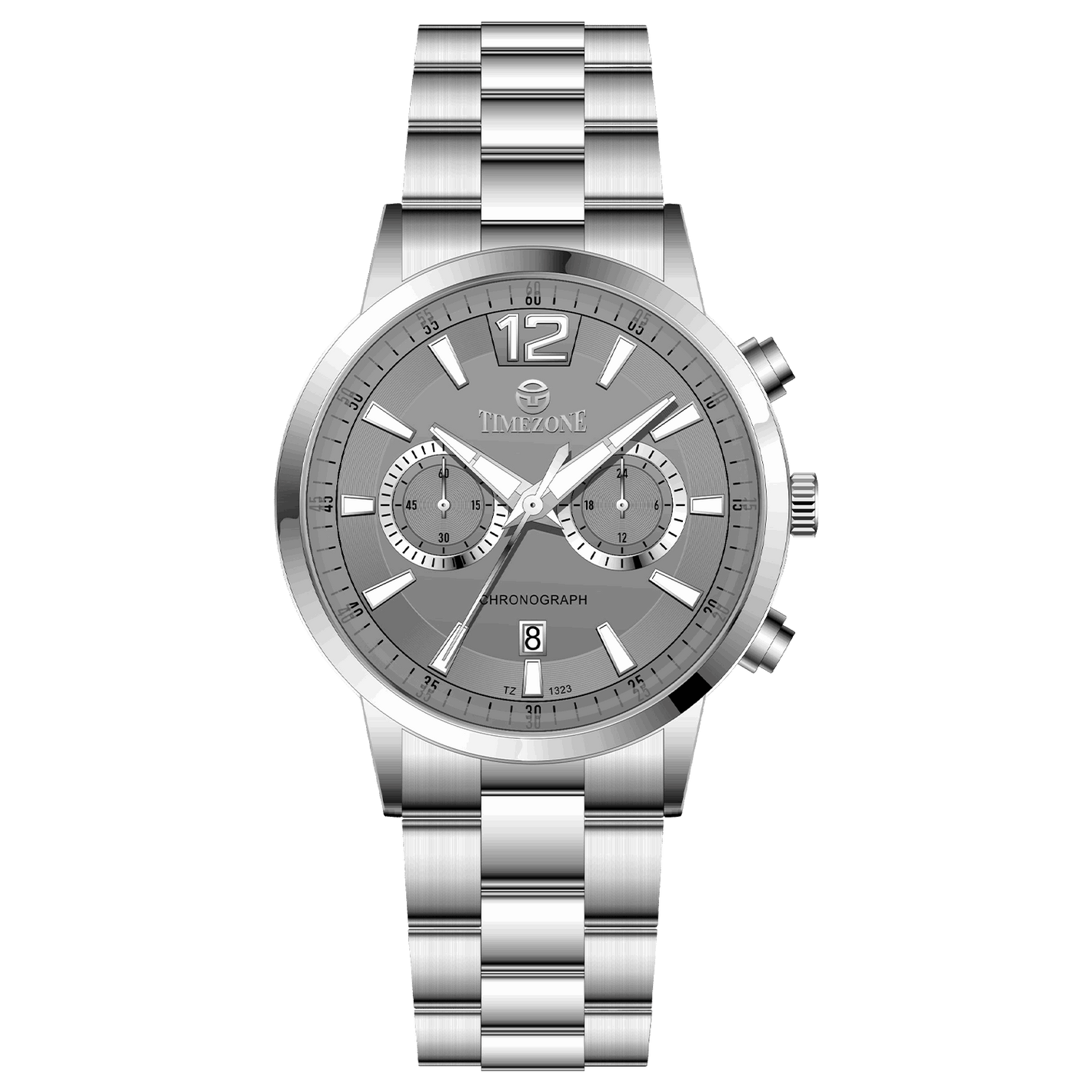 Branded wrist watch for men in pakistan. A stainless steel Tzumiyama watch with a silver dial, chronograph features, and a stainless steel band.
