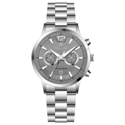 Branded wrist watch for men in pakistan. A stainless steel Tzumiyama watch with a silver dial, chronograph features, and a stainless steel band.