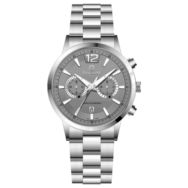 Branded wrist watch for men in pakistan. A stainless steel Tzumiyama watch with a silver dial, chronograph features, and a stainless steel band.