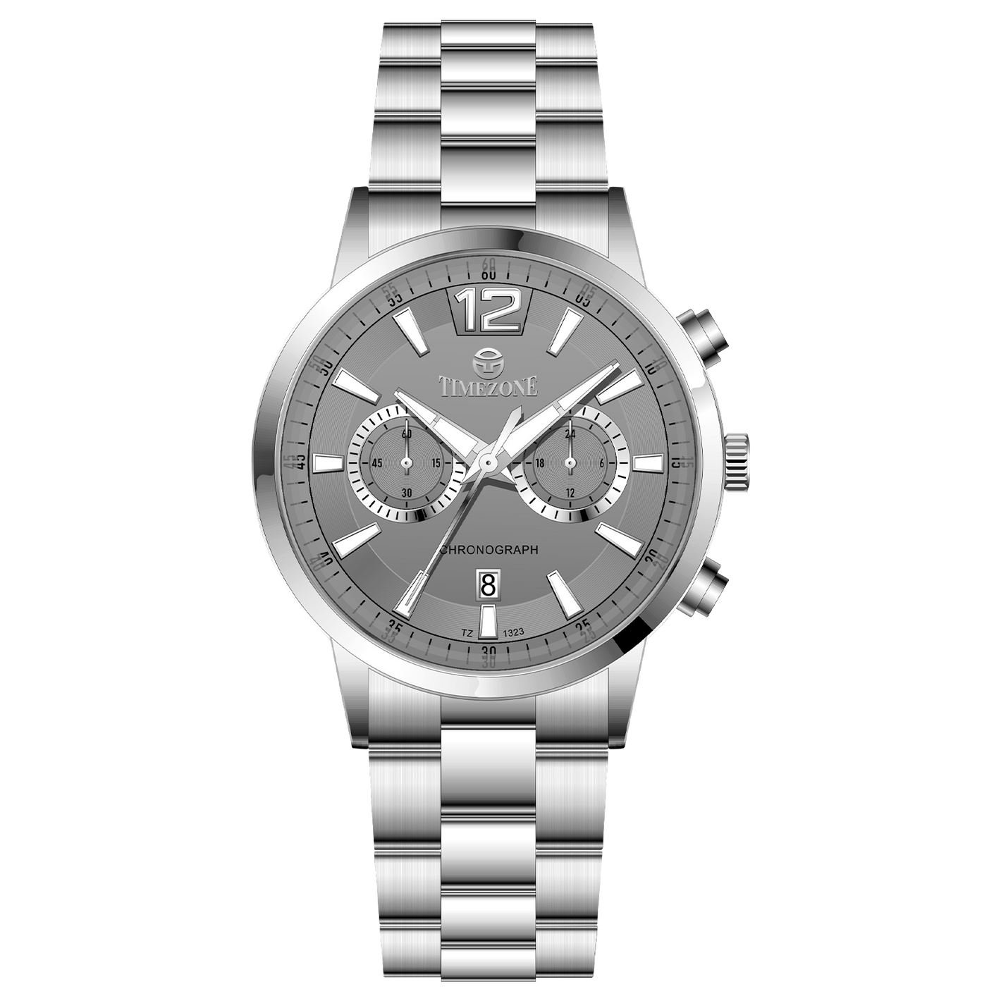 Branded wrist watch for men in pakistan. A stainless steel Tzumiyama watch with a silver dial, chronograph features, and a stainless steel band.
