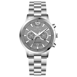 Branded wrist watch for men in pakistan. A stainless steel Tzumiyama watch with a silver dial, chronograph features, and a stainless steel band.