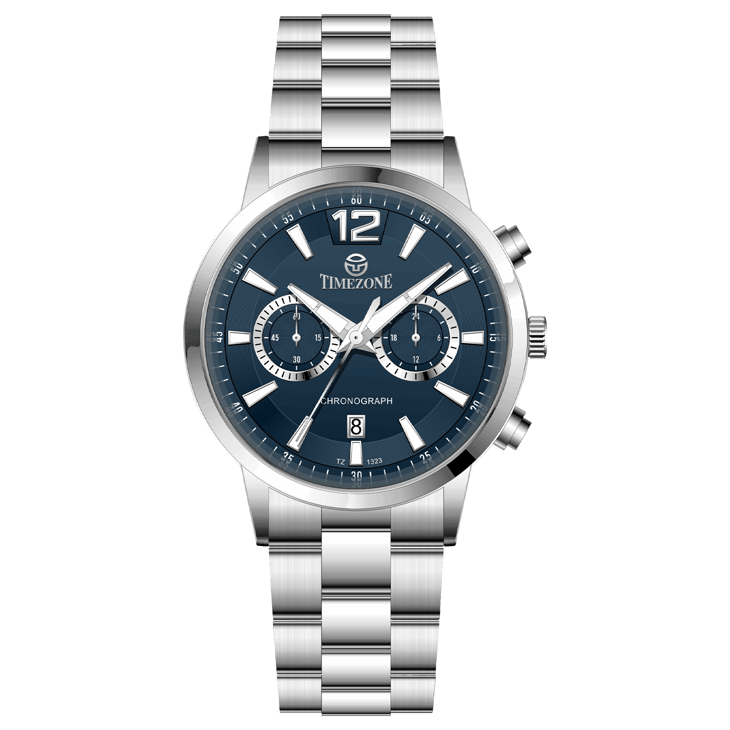 Branded wrist watch for men in pakistan. A stainless steel Tzumiyama watch with a silver dial, chronograph features, and a stainless steel band.