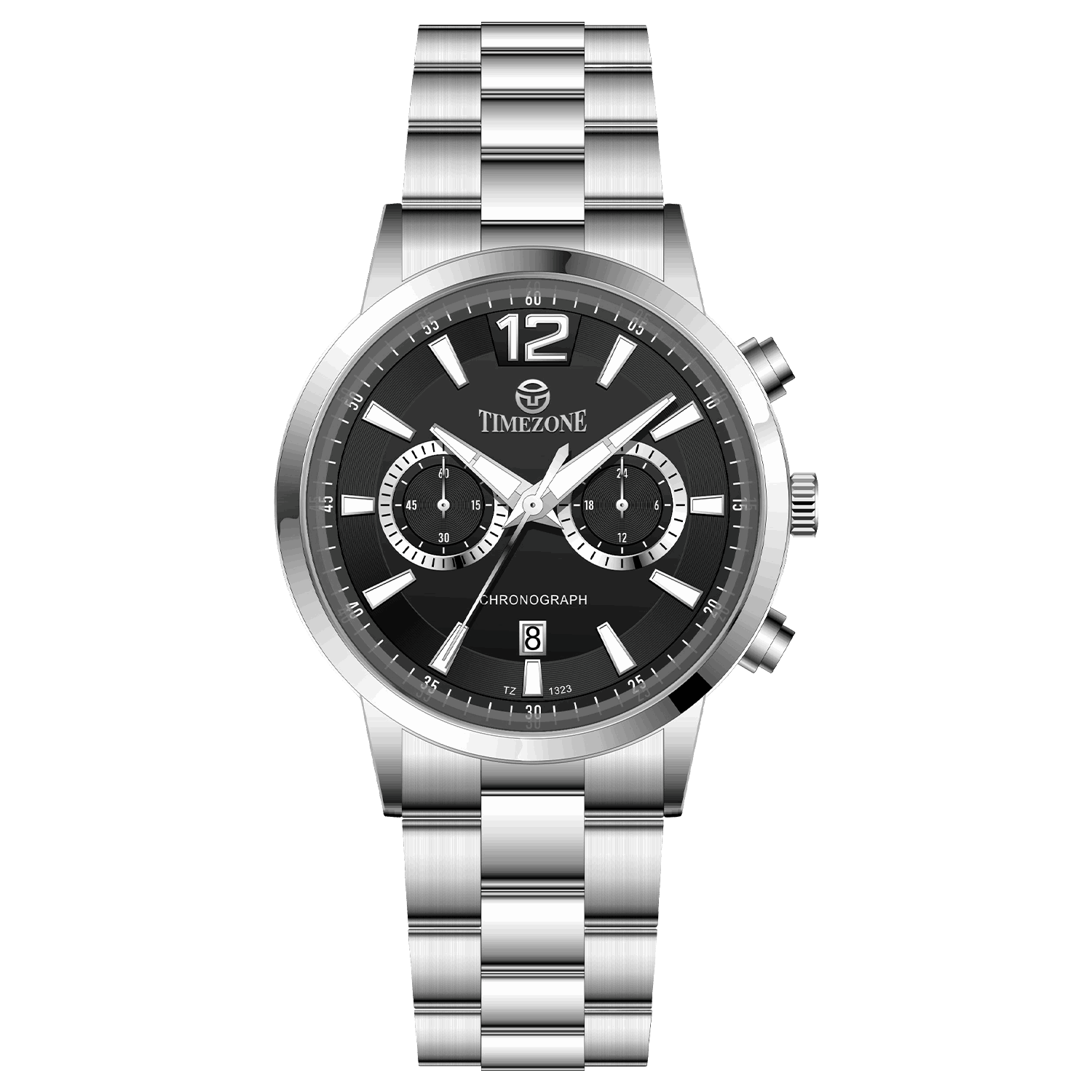 Branded wrist watch for men in pakistan. A stainless steel Tzumiyama watch with a silver dial, chronograph features, and a stainless steel band.