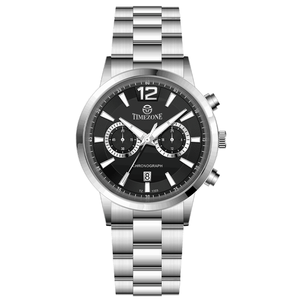 Branded wrist watch for men in pakistan. A stainless steel Tzumiyama watch with a silver dial, chronograph features, and a stainless steel band.