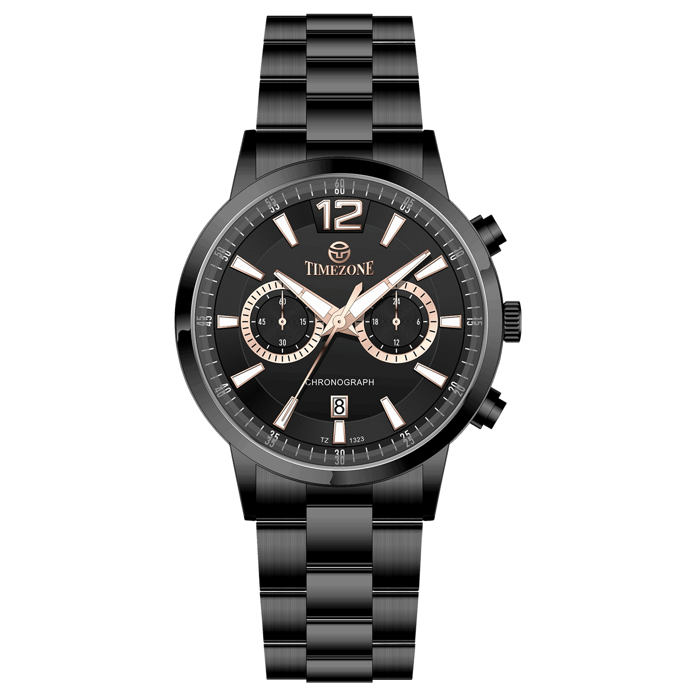 Branded wrist watch for men in pakistan. A black stainless steel TimeZones watch with a chronograph function, a stainless steel band, and a dial with pink accents.