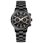 Branded wrist watch for men in pakistan. A black stainless steel TimeZones watch with a chronograph function, a stainless steel band, and a dial with pink accents.
