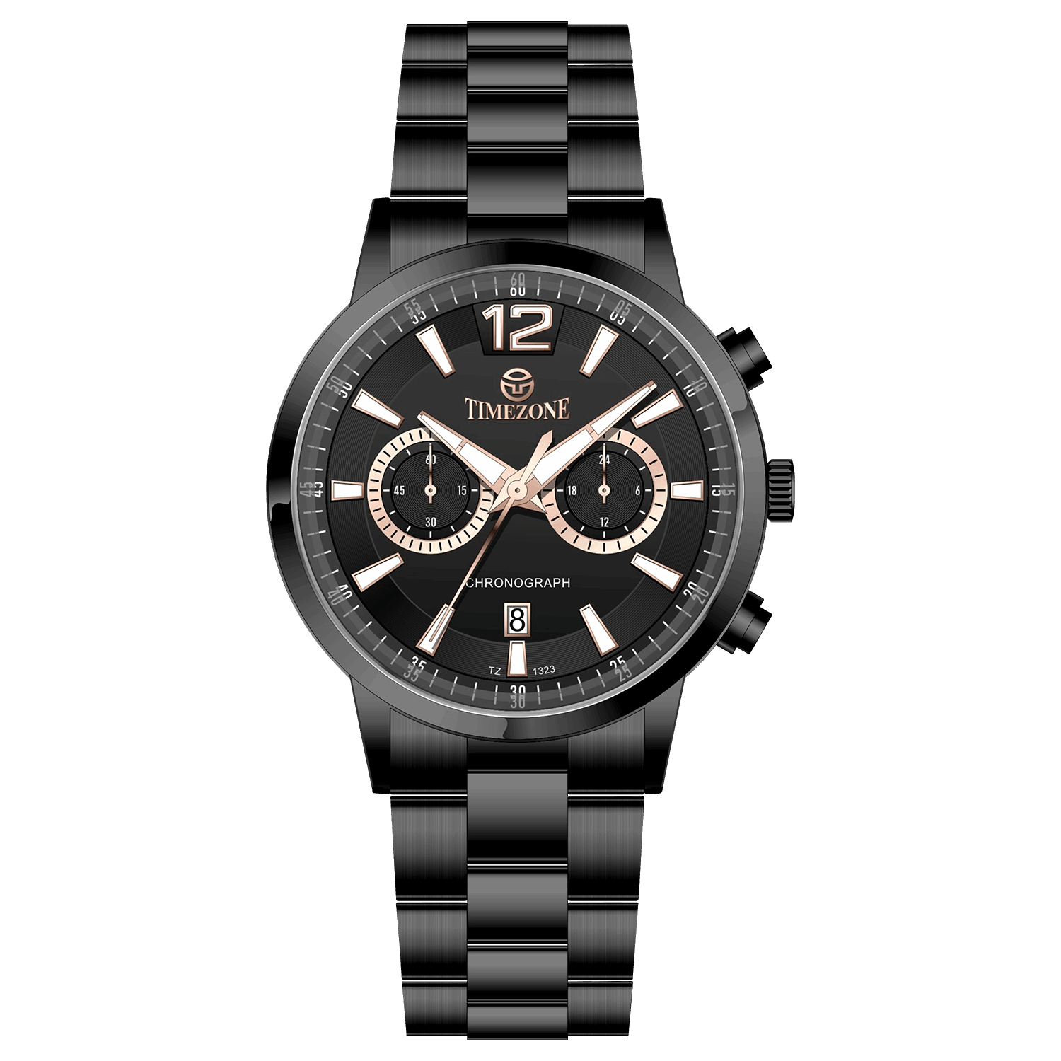 Branded wrist watch for men in pakistan. A black stainless steel TimeZones watch with a chronograph function, a stainless steel band, and a dial with pink accents.
