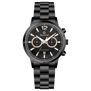 Branded wrist watch for men in pakistan. A black stainless steel TimeZones watch with a chronograph function, a stainless steel band, and a dial with pink accents.