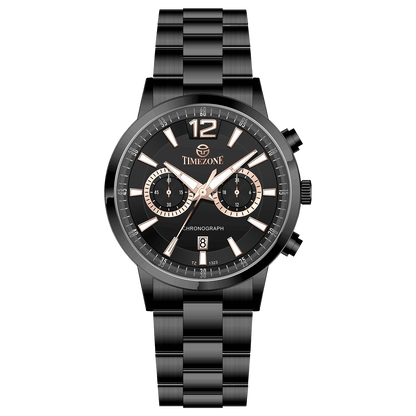 Branded wrist watch for men in pakistan. A black stainless steel TimeZones watch with a chronograph function, a stainless steel band, and a dial with pink accents.