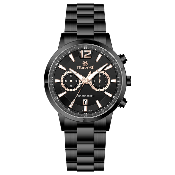 Branded wrist watch for men in pakistan. A black stainless steel TimeZones watch with a chronograph function, a stainless steel band, and a dial with pink accents.
