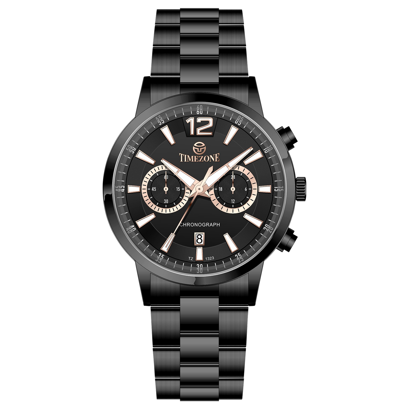 Branded wrist watch for men in pakistan. A black stainless steel TimeZones watch with a chronograph function, a stainless steel band, and a dial with pink accents.