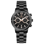 Branded wrist watch for men in pakistan. A black stainless steel TimeZones watch with a chronograph function, a stainless steel band, and a dial with pink accents.