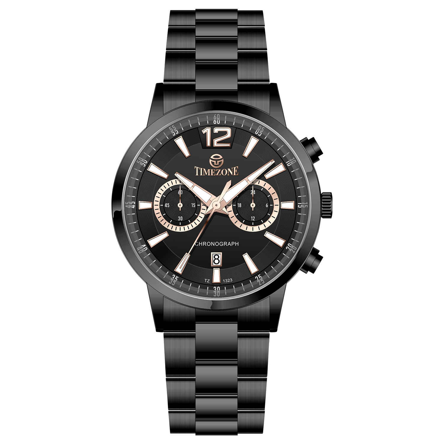Branded wrist watch for men in pakistan. A black stainless steel TimeZones watch with a chronograph function, a stainless steel band, and a dial with pink accents.