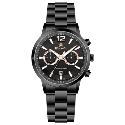 Branded wrist watch for men in pakistan. A black stainless steel TimeZones watch with a chronograph function, a stainless steel band, and a dial with pink accents.