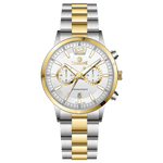 Branded wrist watch for men in pakistan. A silver and gold Monarch Chrono watch with a two-tone stainless steel band and a round dial.
