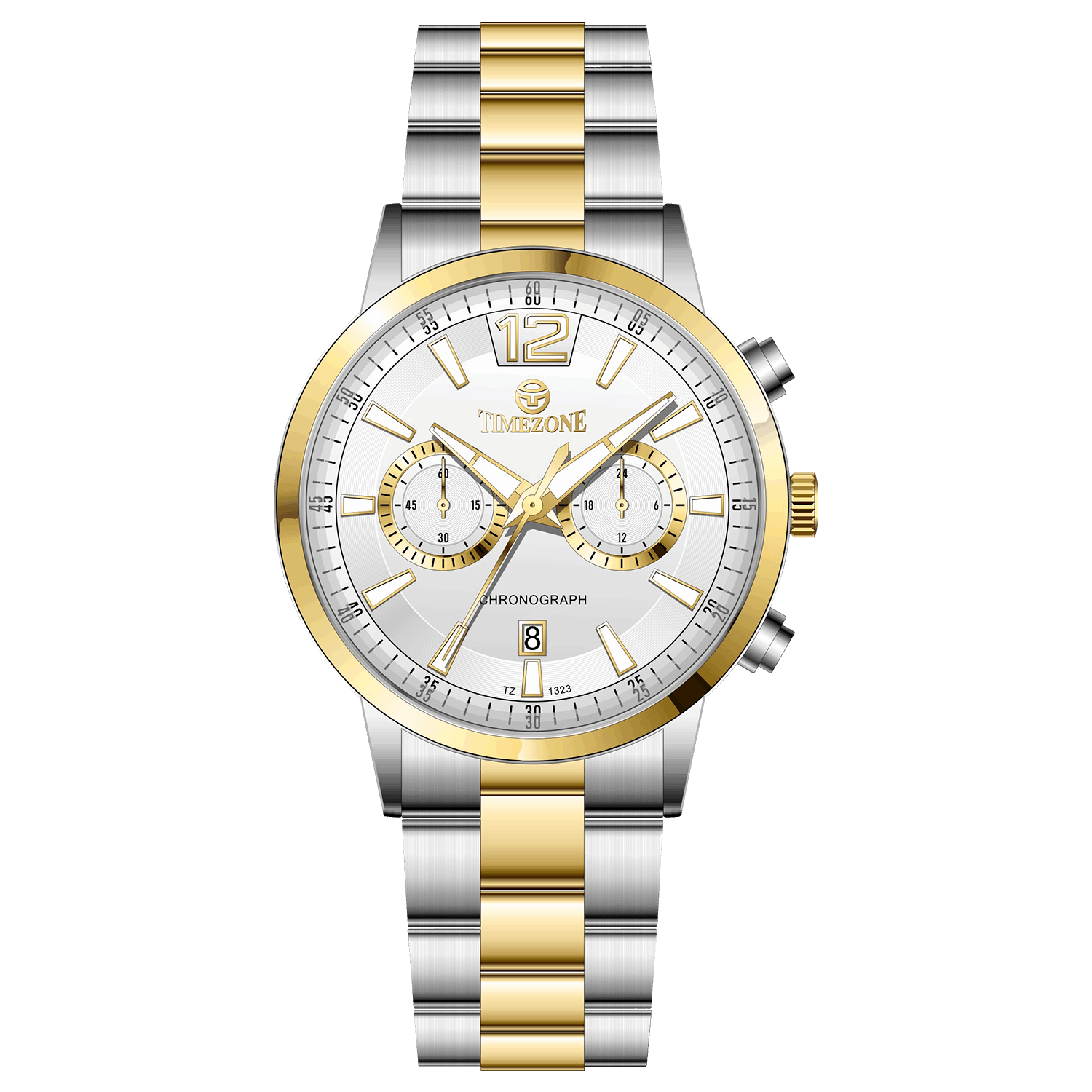 Branded wrist watch for men in pakistan. A silver and gold Monarch Chrono watch with a two-tone stainless steel band and a round dial.