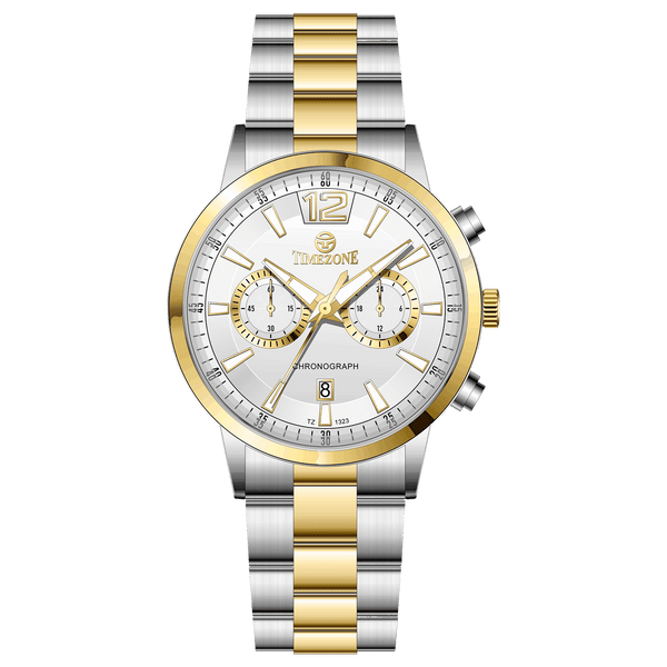 Branded wrist watch for men in pakistan. A silver and gold Monarch Chrono watch with a two-tone stainless steel band and a round dial.