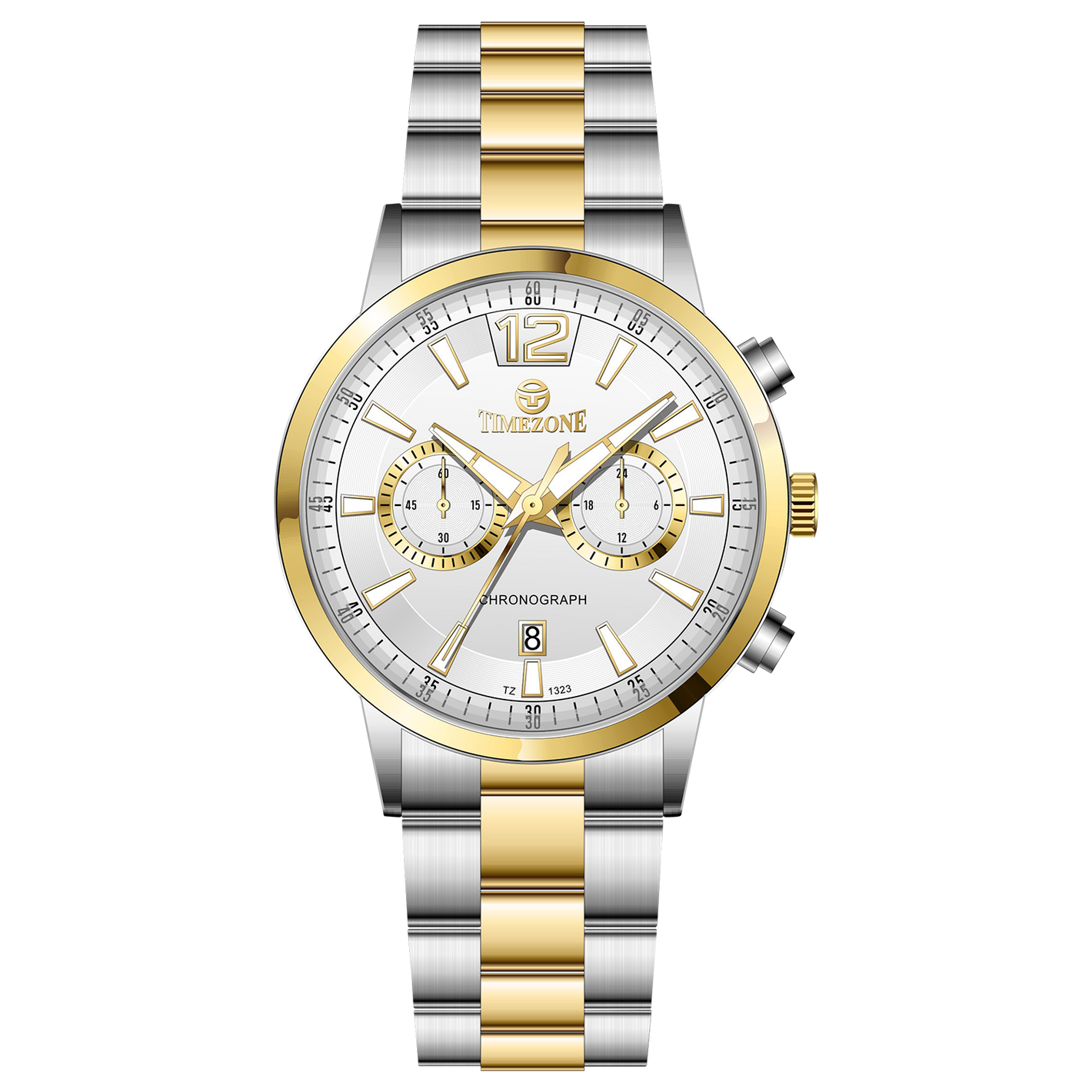 Branded wrist watch for men in pakistan. A silver and gold Monarch Chrono watch with a two-tone stainless steel band and a round dial.