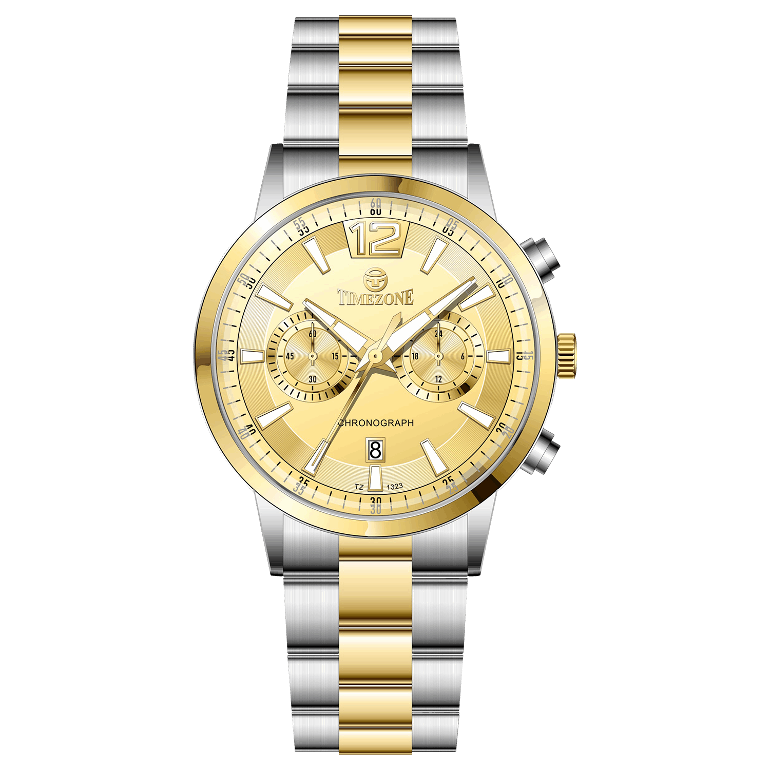 Branded wrist watch for men in pakistan. A silver and gold Monarch Chrono watch with a two-tone stainless steel band and a round dial.
