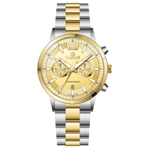 Branded wrist watch for men in pakistan. A silver and gold Monarch Chrono watch with a two-tone stainless steel band and a round dial.