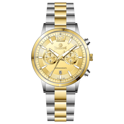 Branded wrist watch for men in pakistan. A silver and gold Monarch Chrono watch with a two-tone stainless steel band and a round dial.