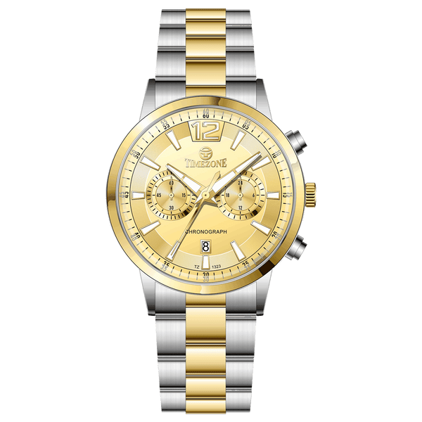 Branded wrist watch for men in pakistan. A silver and gold Monarch Chrono watch with a two-tone stainless steel band and a round dial.