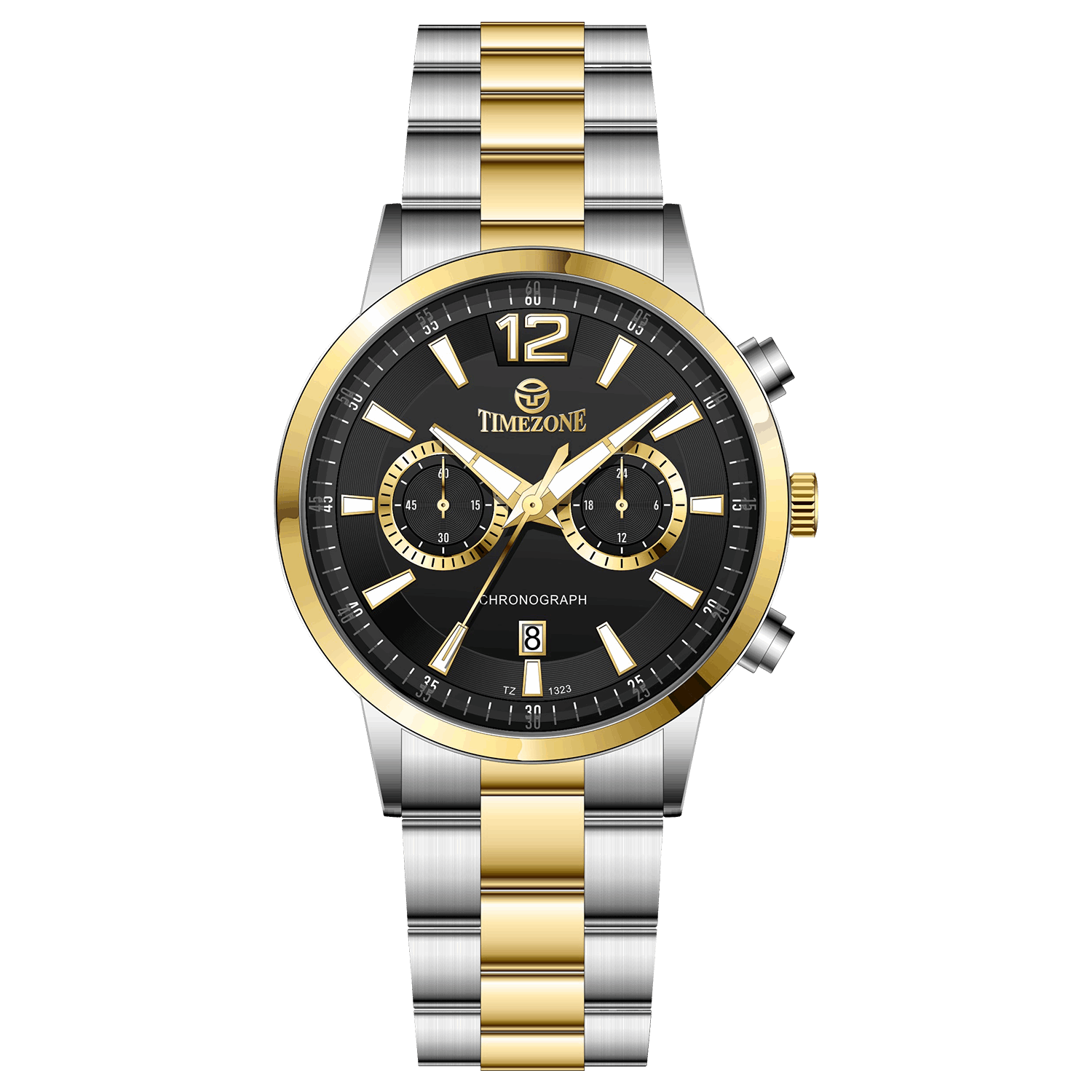 Branded wrist watch for men in pakistan. A silver and gold Monarch Chrono watch with a two-tone stainless steel band and a round dial.