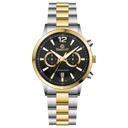Branded wrist watch for men in pakistan. A silver and gold Monarch Chrono watch with a two-tone stainless steel band and a round dial.