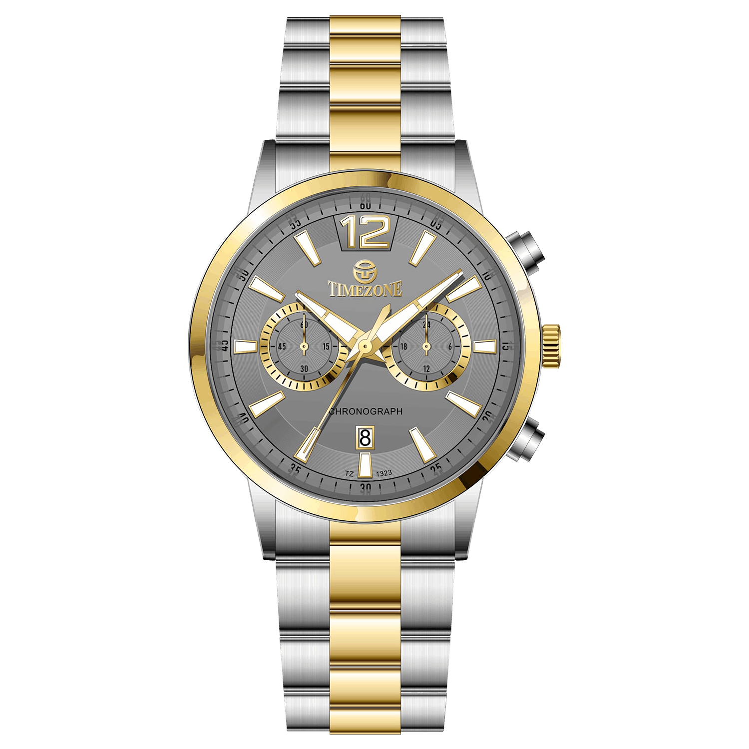 Branded wrist watch for men in pakistan. A silver and gold Monarch Chrono watch with a two-tone stainless steel band and a round dial.