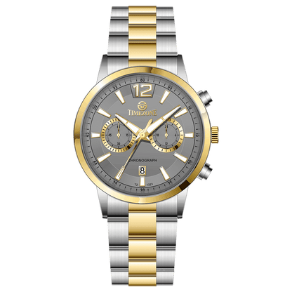 Branded wrist watch for men in pakistan. A silver and gold Monarch Chrono watch with a two-tone stainless steel band and a round dial.