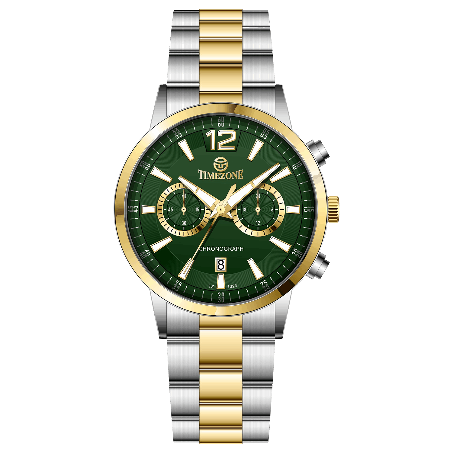 Branded wrist watch for men in pakistan. A silver and gold Monarch Chrono watch with a two-tone stainless steel band and a round dial.