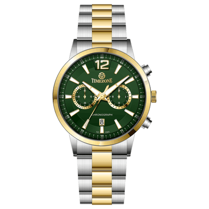 Branded wrist watch for men in pakistan. A silver and gold Monarch Chrono watch with a two-tone stainless steel band and a round dial.