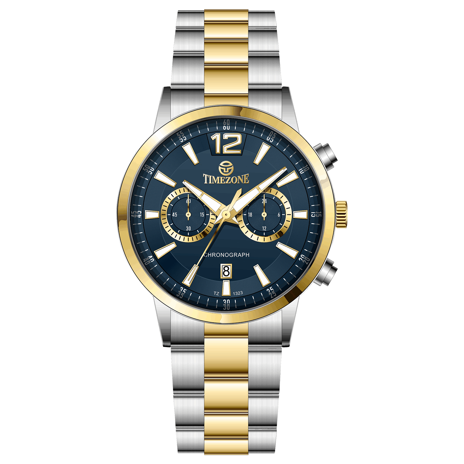 Branded wrist watch for men in pakistan. A silver and gold Monarch Chrono watch with a two-tone stainless steel band and a round dial.