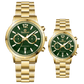 Branded couple wrist watches in pakistan. A pair of gold-toned watches with white analog dials, one large and one small, set against a black background.