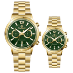 Branded couple wrist watches in pakistan. A pair of gold-toned watches with white analog dials, one large and one small, set against a black background.