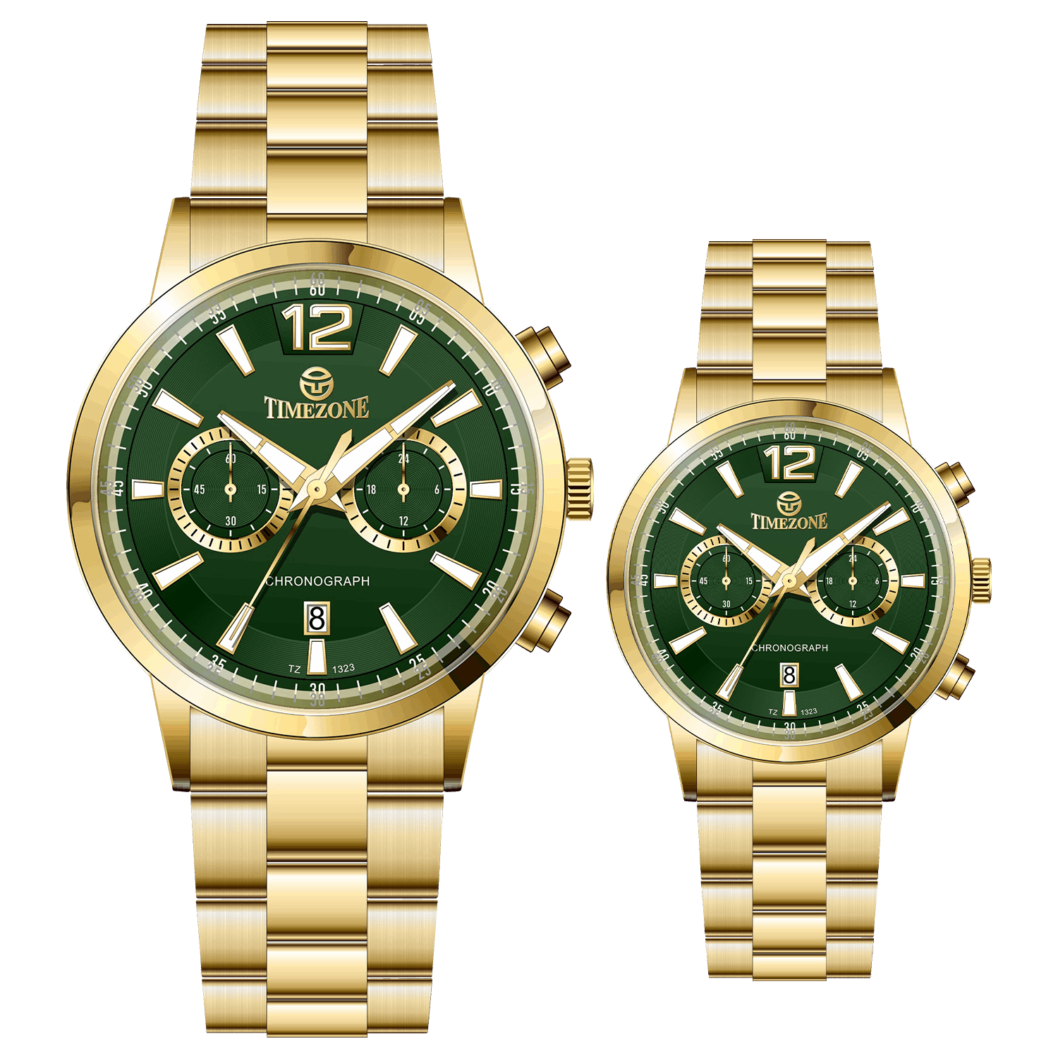 Branded couple wrist watches in pakistan. A pair of gold-toned watches with white analog dials, one large and one small, set against a black background.
