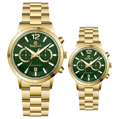 Branded couple wrist watches in pakistan. A pair of gold-toned watches with white analog dials, one large and one small, set against a black background.