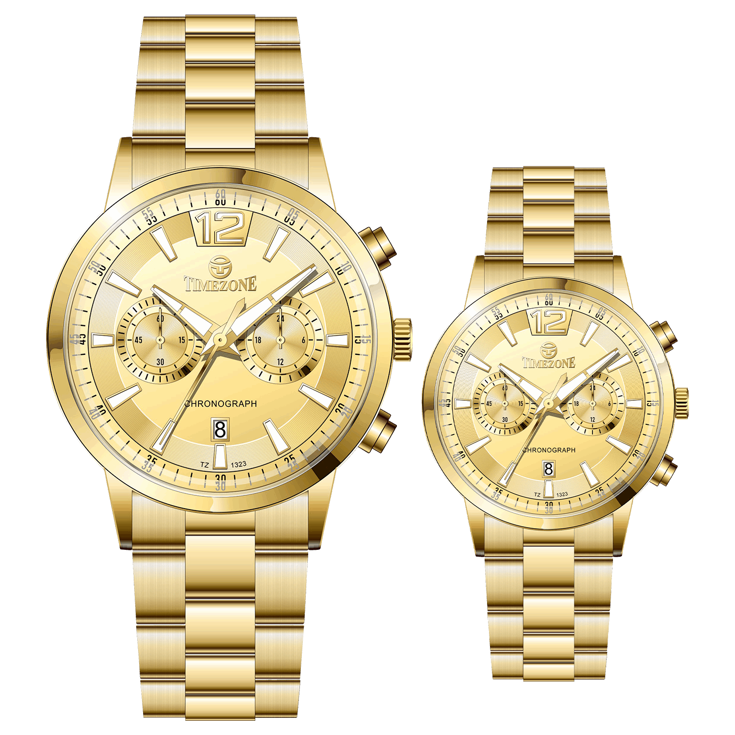 Branded couple wrist watches in pakistan. A pair of gold-toned watches with white analog dials, one large and one small, set against a black background.