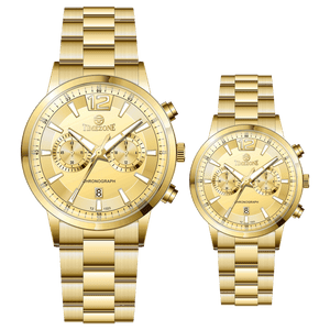 Branded couple wrist watches in pakistan. A pair of gold-toned watches with white analog dials, one large and one small, set against a black background.