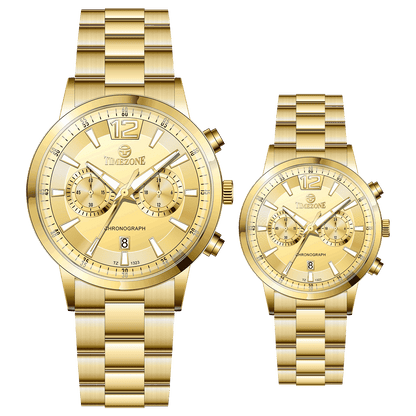 Branded couple wrist watches in pakistan. A pair of gold-toned watches with white analog dials, one large and one small, set against a black background.