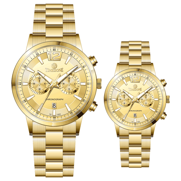 Branded couple wrist watches in pakistan. A pair of gold-toned watches with white analog dials, one large and one small, set against a black background.