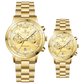 Branded couple wrist watches in pakistan. A pair of gold-toned watches with white analog dials, one large and one small, set against a black background.